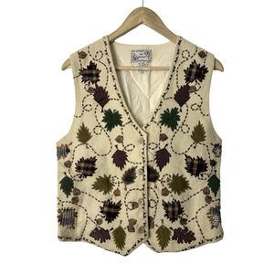 Vintage New Directions Wool Fall Autumn Leaf Vest Small Woman Wood Buttons